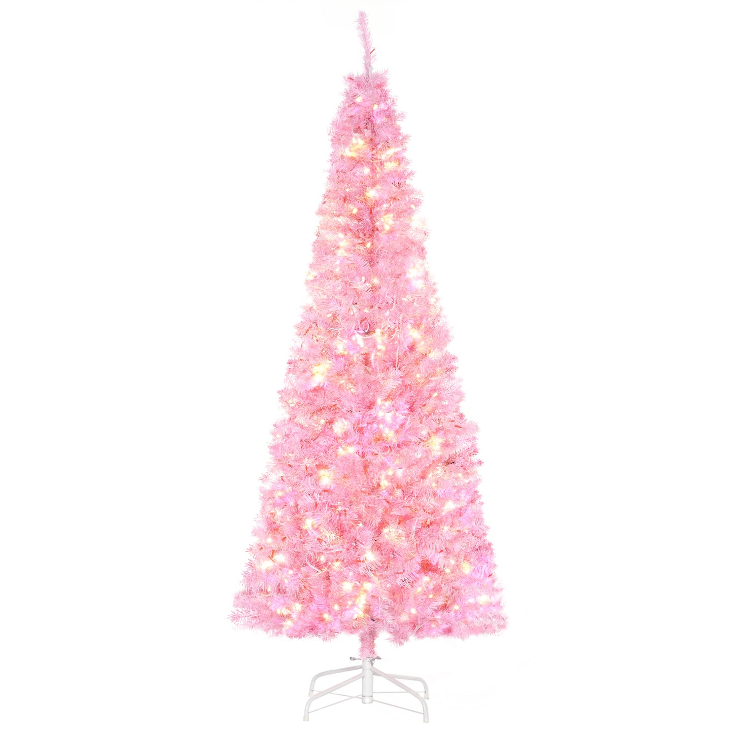 6' Tall Prelit Pencil Slim Artificial Christmas Tree with Realistic Branches, 300 Warm White LED Lights and 618 Tips, Xmas Decoration, Pink