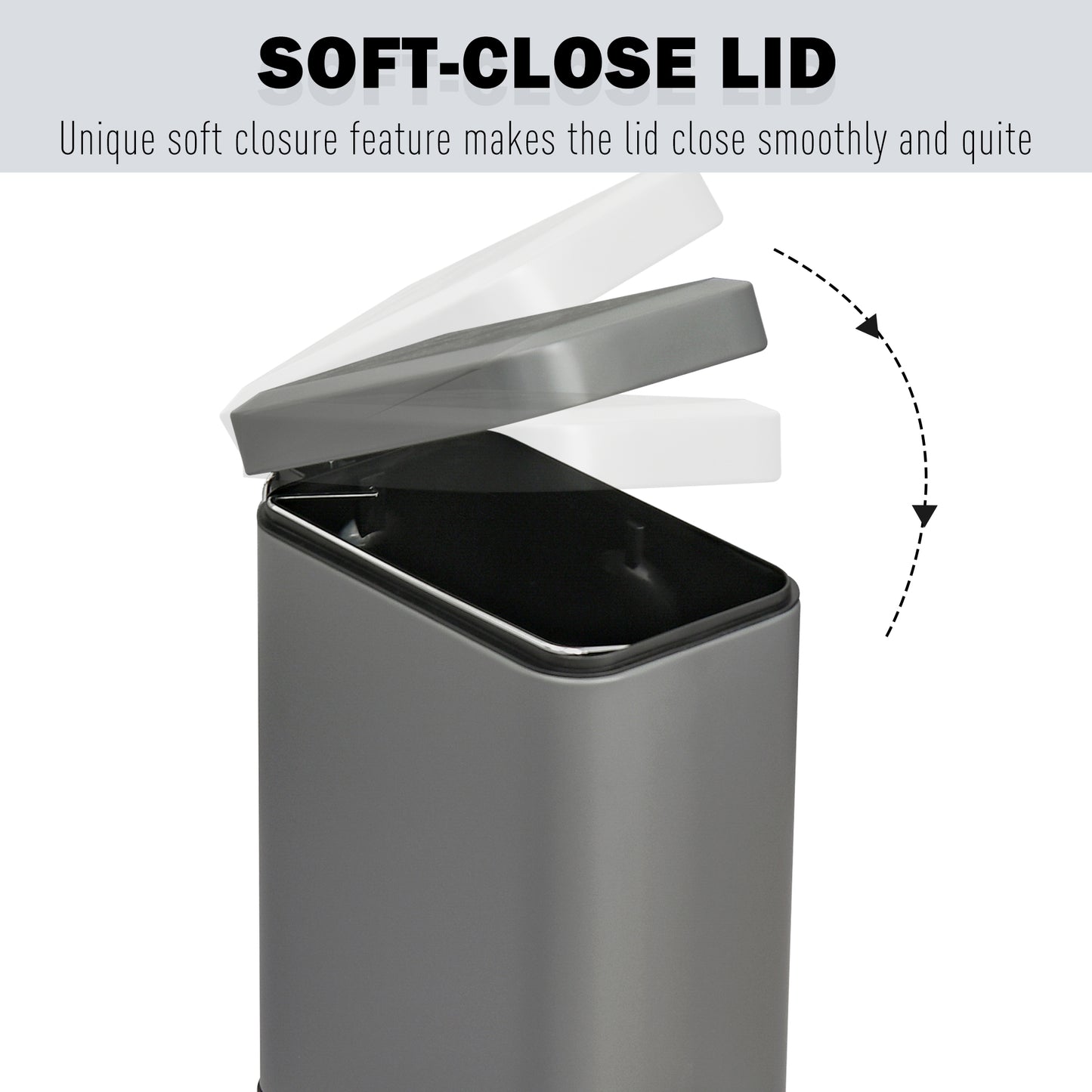 5L Rectangular Compact Bin, Steel Body, Removable Bucket, Quiet-Close Lid w/ Pedal Lid Rubbish Trash Can Garbage Tidy Clean, Grey