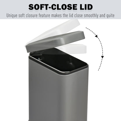 5L Rectangular Compact Bin, Steel Body, Removable Bucket, Quiet-Close Lid w/ Pedal Lid Rubbish Trash Can Garbage Tidy Clean, Grey
