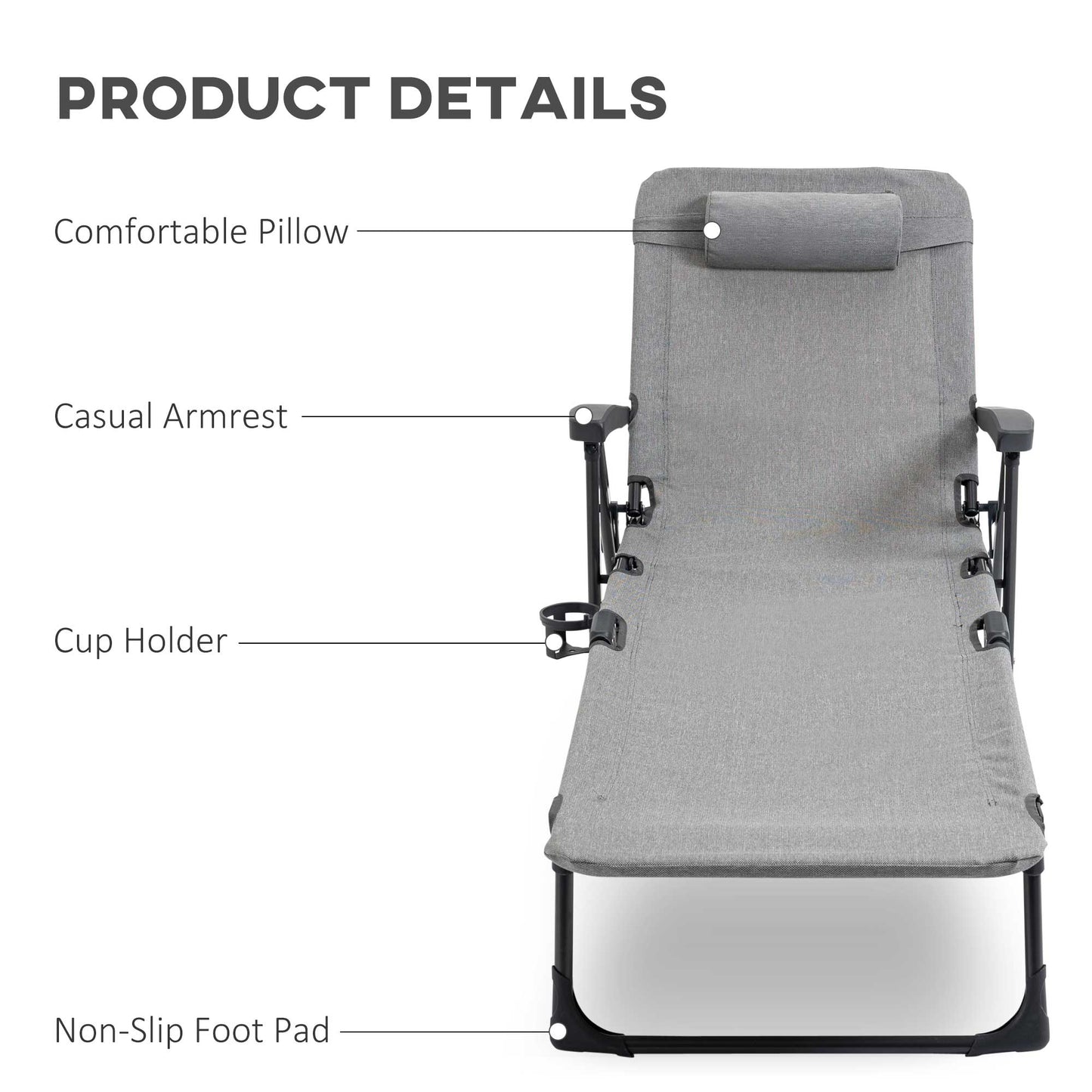 Outsunny Folding Sun Lounger, Mesh Fabric Chaise Lounge Chair, 7-Reclining Position Sleeping Bed W/ Pillow & Cup Holder -  Light Grey