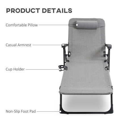 Outsunny Folding Sun Lounger, Mesh Fabric Chaise Lounge Chair, 7-Reclining Position Sleeping Bed W/ Pillow & Cup Holder -  Light Grey
