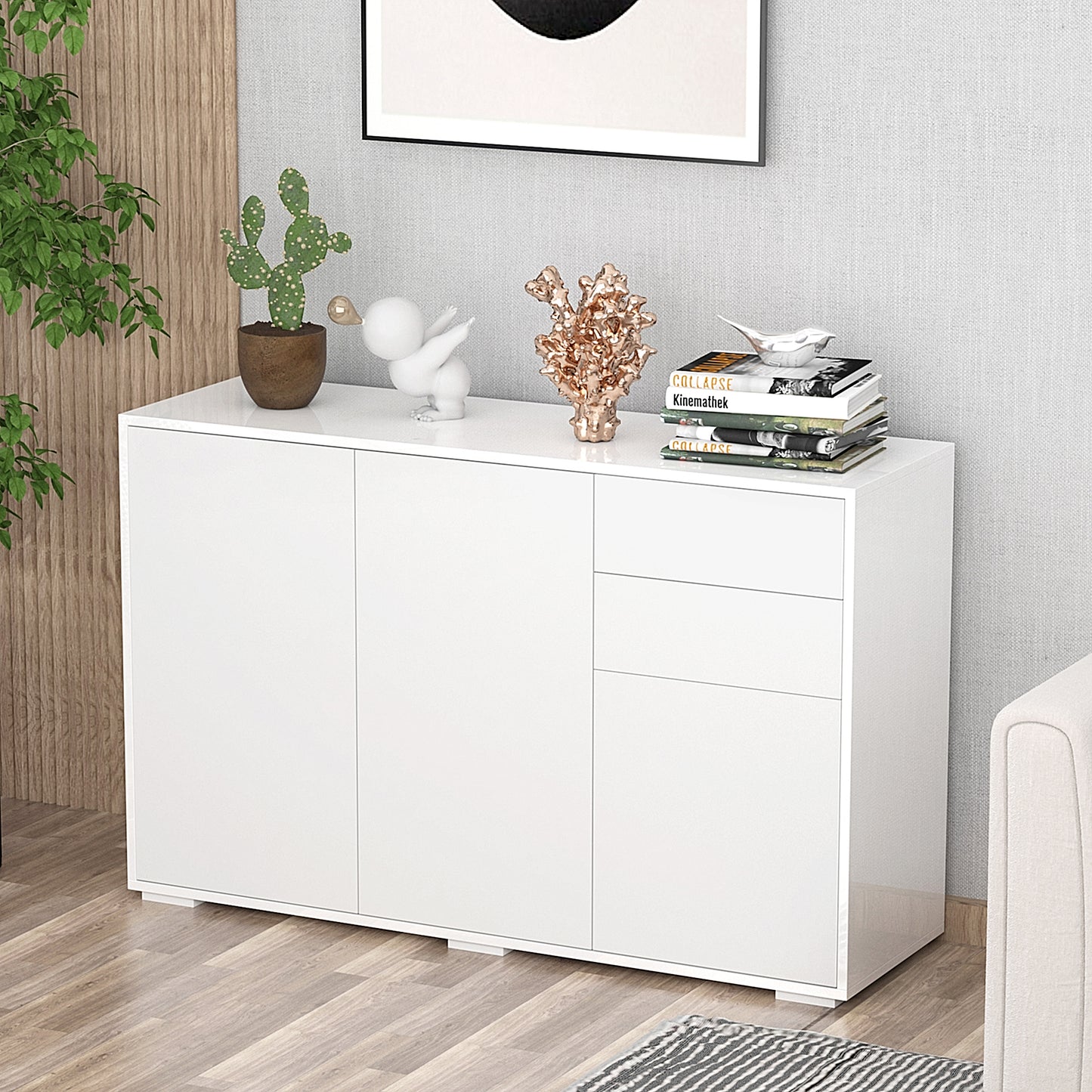 High Gloss Sideboard, Side Cabinet, Push-Open Design with 2 Drawer for Living Room, Bedroom, White