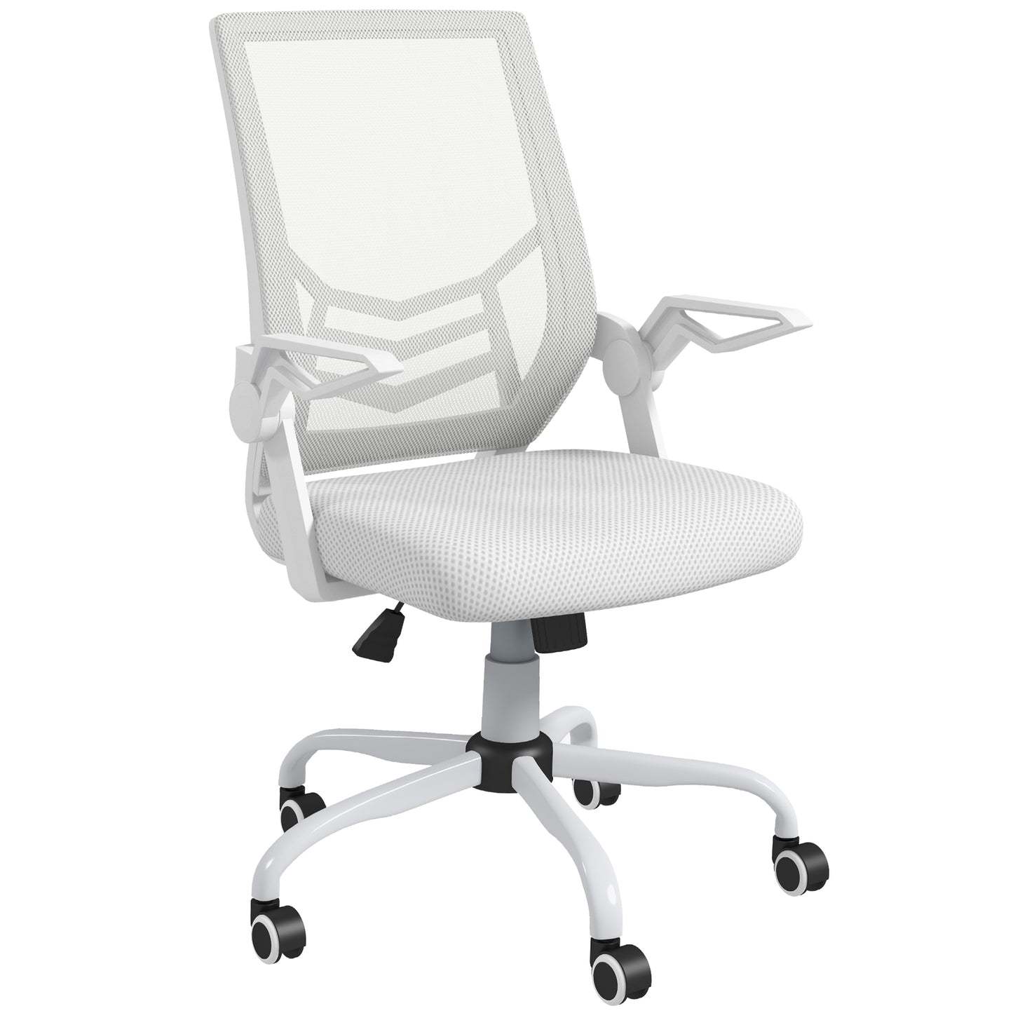 Mesh Office Chair | Flip-Up Armrests | Lumbar Support | Curved Back | Sponge Seat | Rocking Motion | 360° Swivel | 5 Wheels | Height Adjustable 45-55cm | 120kg | White