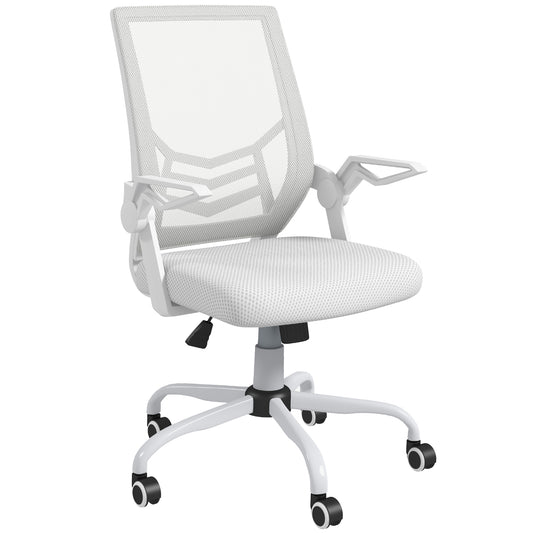 Mesh Office Chair | Flip-Up Armrests | Lumbar Support | Curved Back | Sponge Seat | Rocking Motion | 360° Swivel | 5 Wheels | Height Adjustable 45-55cm | 120kg | White