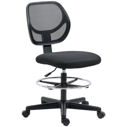 Ergonomic Draughtsman Chair for Standing Desk | Armless | Curved Mesh Back | Padded Seat | Adjustable Footrest Ring | Seat Height 50-70cm | 5 Wheels | 120kg | Black