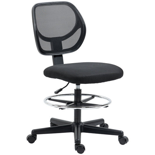 Ergonomic Draughtsman Chair for Standing Desk | Armless | Curved Mesh Back | Padded Seat | Adjustable Footrest Ring | Seat Height 50-70cm | 5 Wheels | 120kg | Black