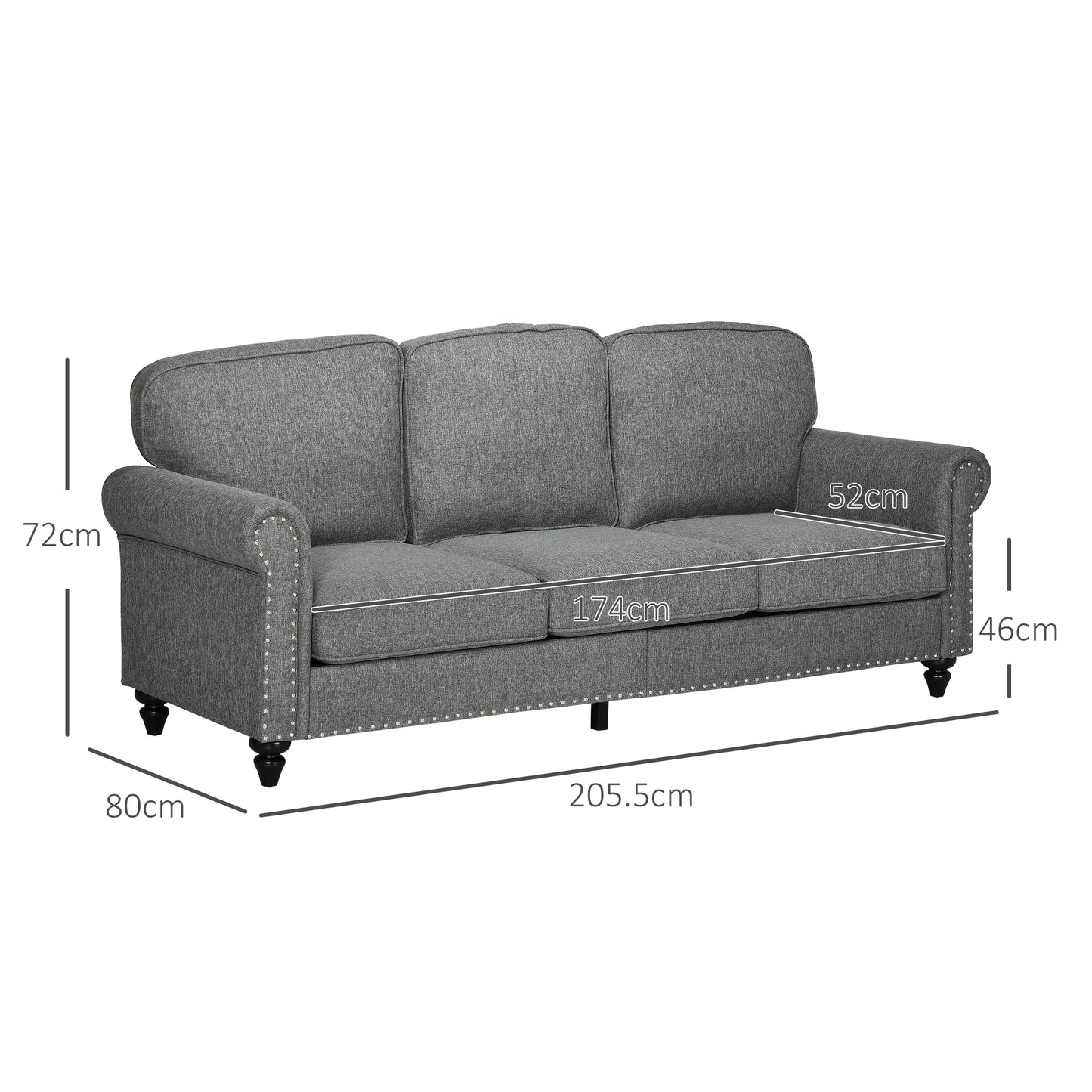 3 Seater Sofas for Living Room, Fabric Couch with Nailhead Trim, Rolled Arms and Cushions, Grey