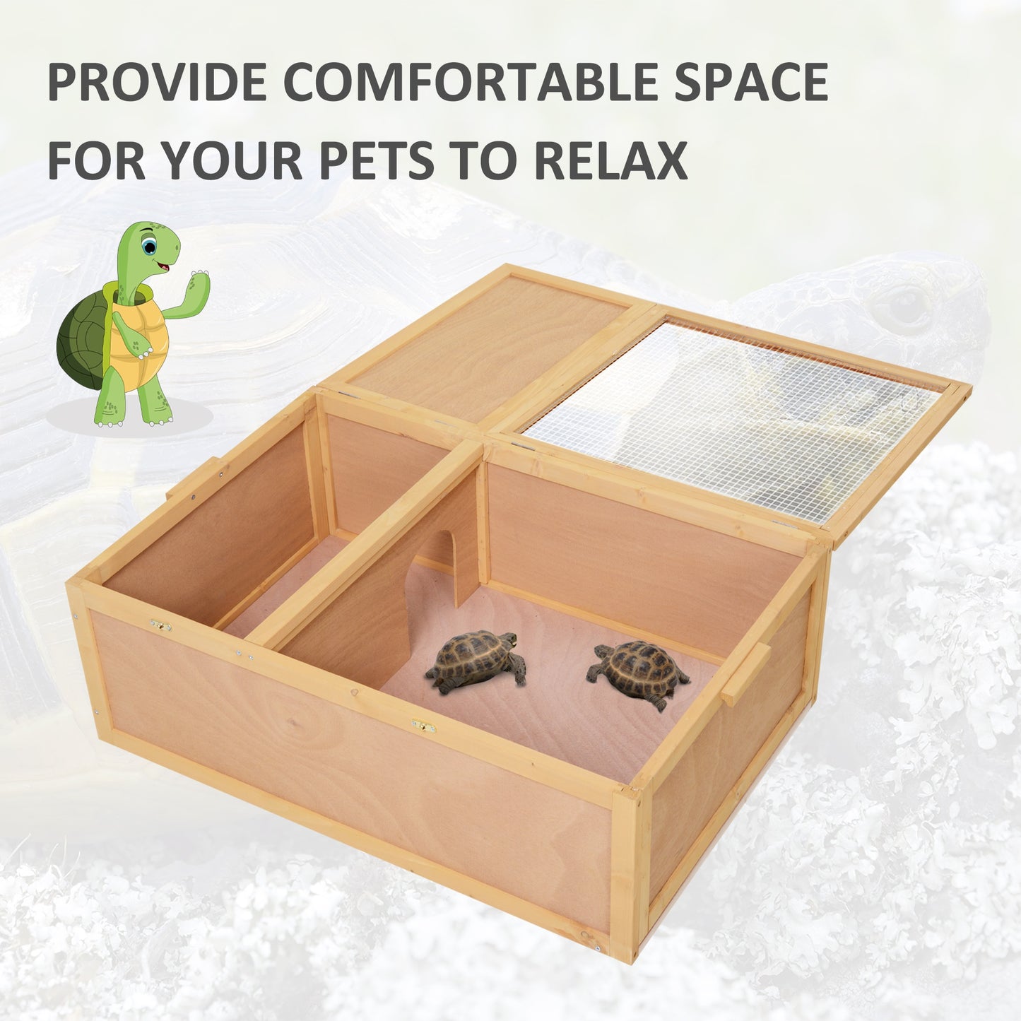 PawHut 94 cm Wooden Tortoise House Turtle Terrarium/ Small Reptile Enclosure with Two Room Design, Natural