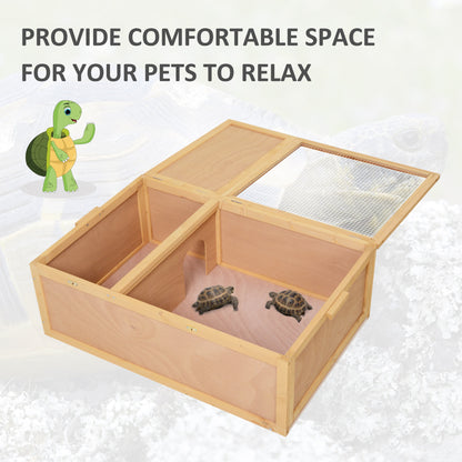 PawHut 94 cm Wooden Tortoise House Turtle Terrarium/ Small Reptile Enclosure with Two Room Design, Natural