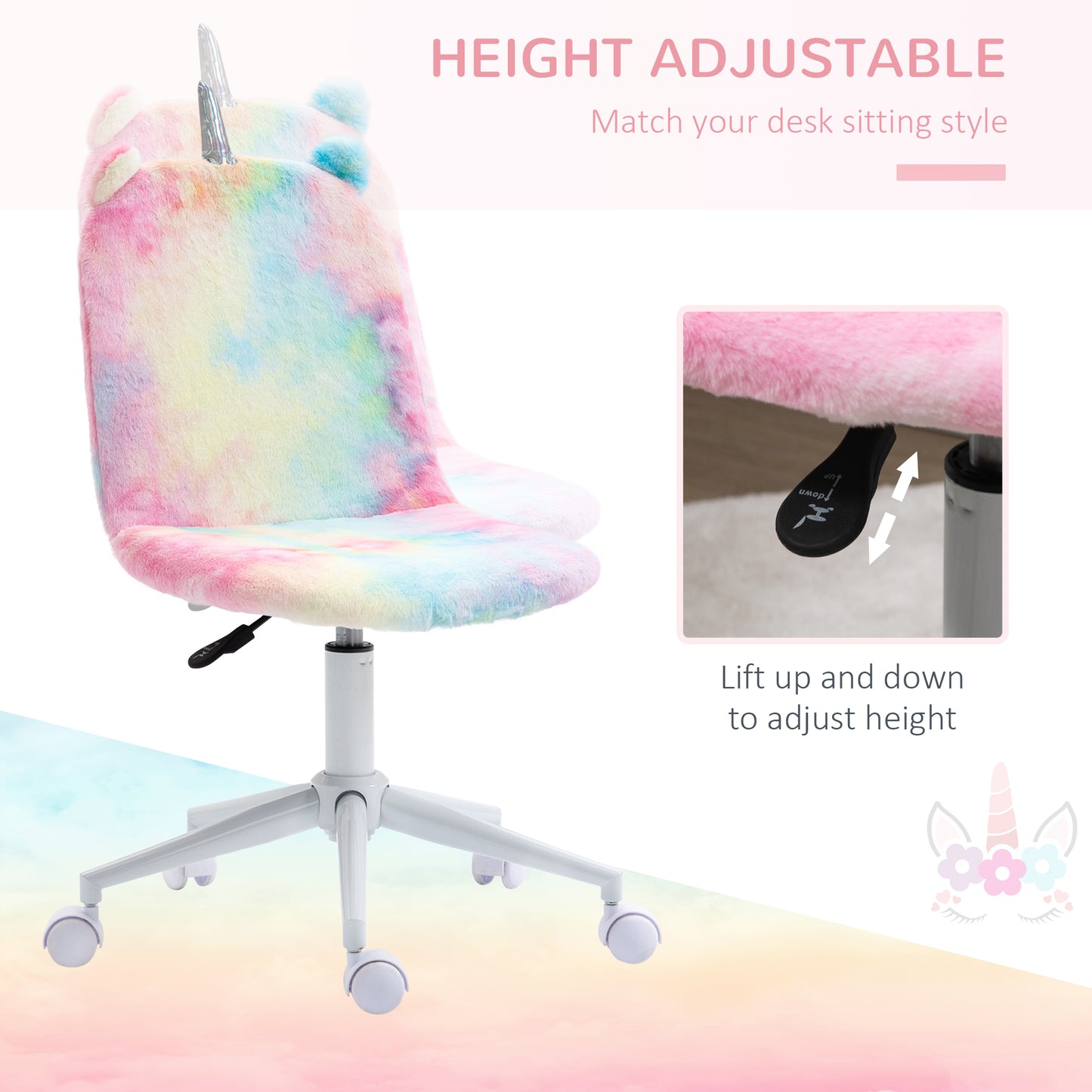 Fluffy Unicorn Office Chair | Armless Mid Back | Swivel | Sponge Padded Velvet | Adjustable Height 88-98cm | 5 Wheels | 120kg | Rainbow Multi-Colour