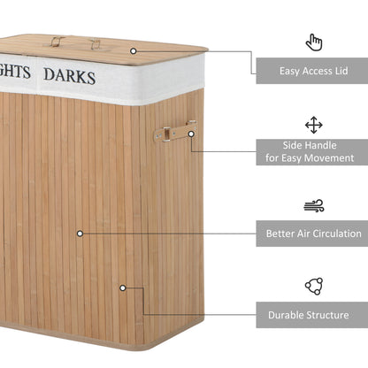 Collapsible Natural Wood Laundry Hamper Organizer Clothes Washing Basket Bin Storage Box w/Lid Removable Lining 52x32x63cm, Wood Colour 100L