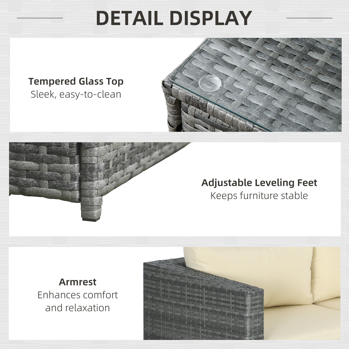 Outsunny 3 Piece Rattan Garden Furniture 4 Seater Outdoor Patio Corner Sofa Chair Set with Coffee Table Thick Cushions, Beige