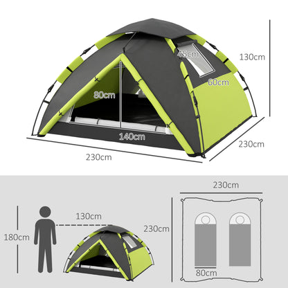 Outsunny 3-4 Man Camping Tent, Family Tent, 2000mm Waterproof, Portable with Bag, Quick Setup, Green