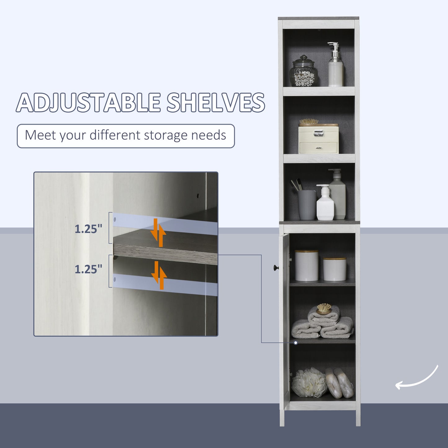 Kleankin Slimline Bathroom Storage , Freestanding Tower Cabinet with 3 Open Shelves and Adjustable Shelf, Antique White