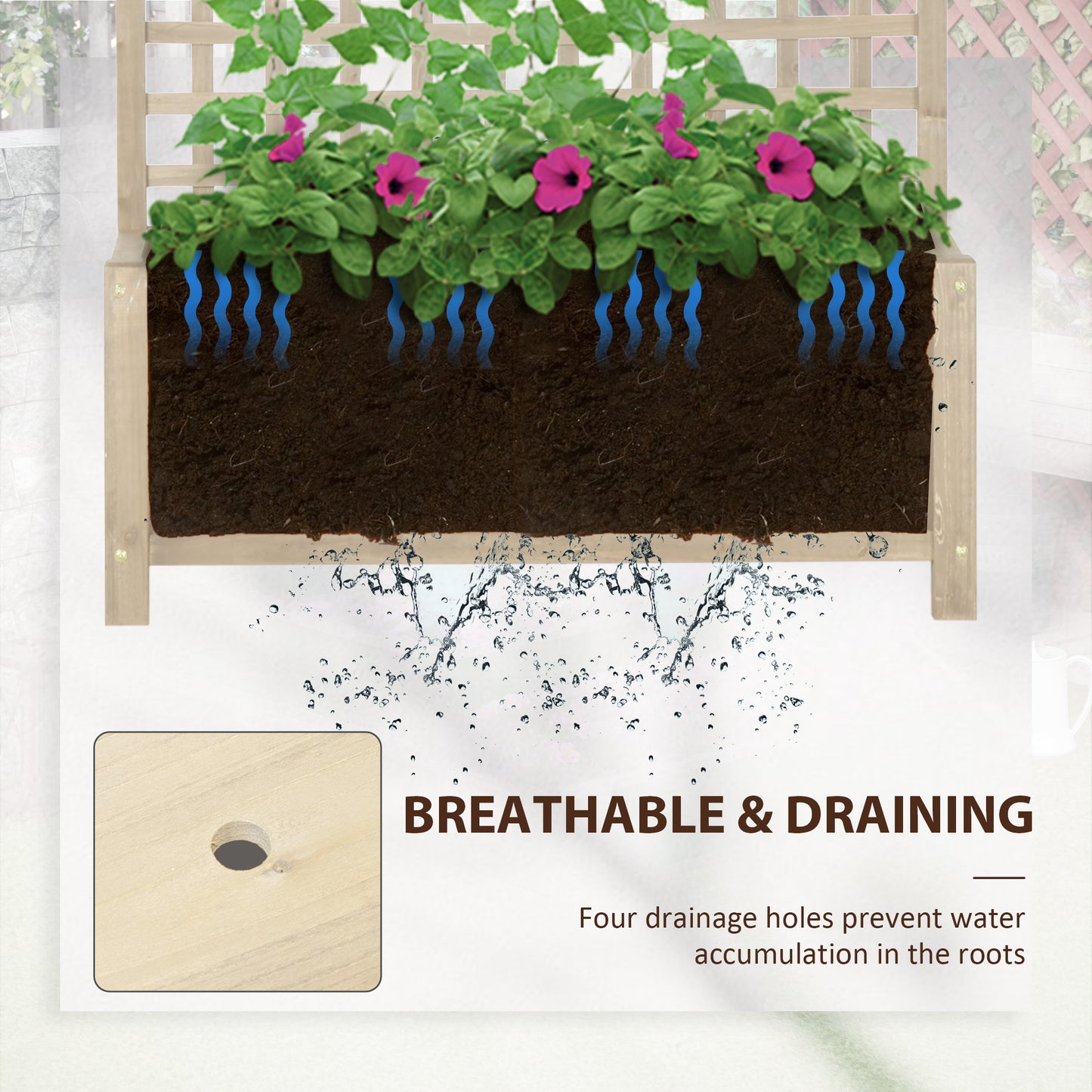 Outsunny Raised Bed with Drainage Holes, Wood Planter with Trellis for Climbing Plants to Grow Vegetables, Flowers, Natural