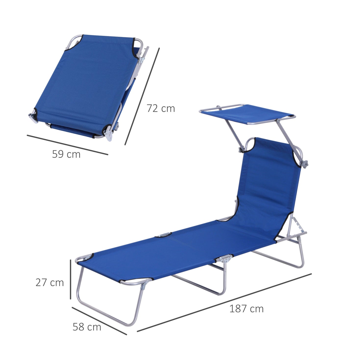 Outsunny Reclining Chair Folding Lounger Seat Sun Lounger with Sun Shade Awning Beach Garden Outdoor Patio Recliner Adjustable, Blue