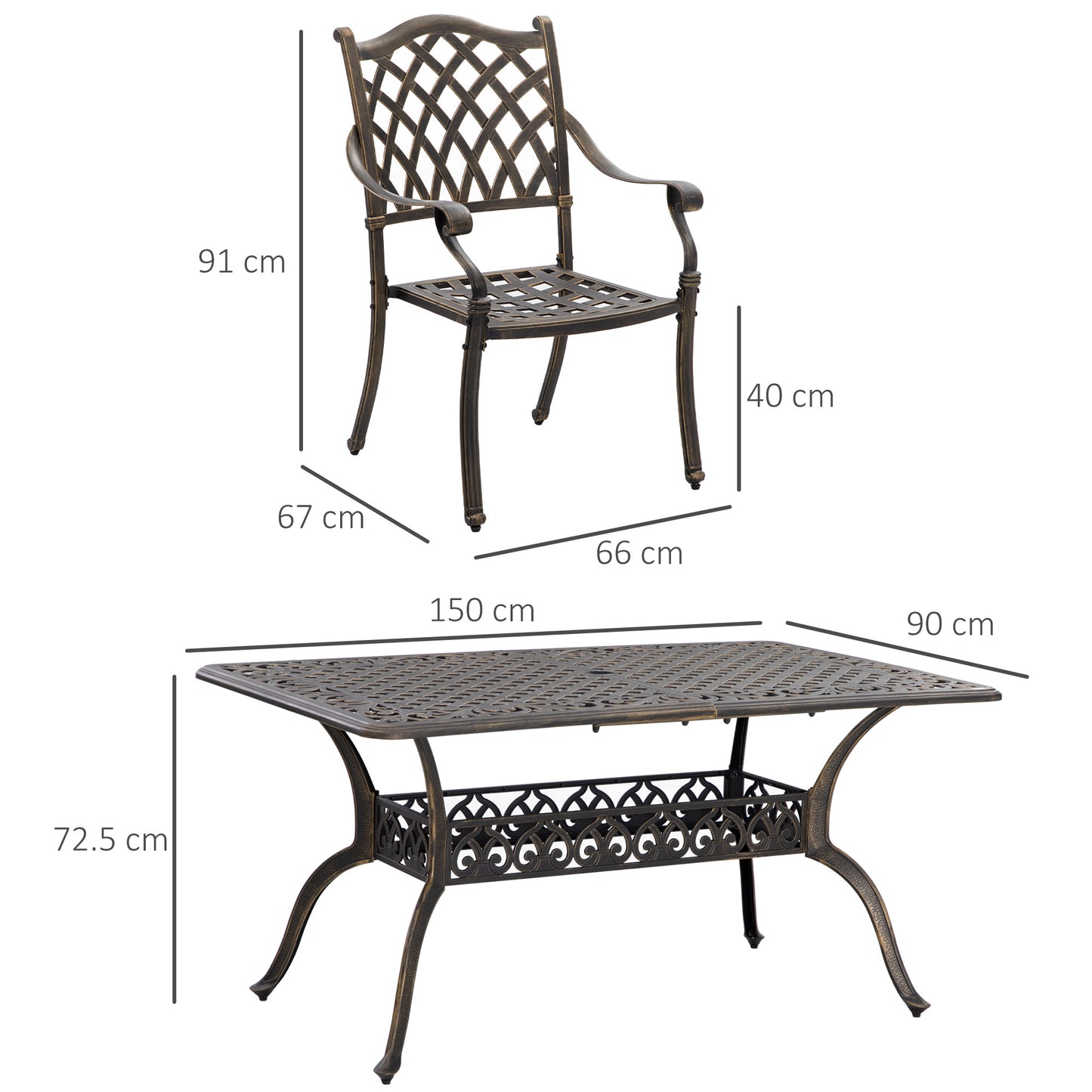 Outsunny 6-Seater Patio Dining Set with Umbrella Hole, Cast Aluminum Patio Furniture Set with Six Cushioned Chairs and Rectangle Dining Table, Bronze