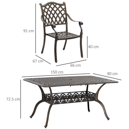 Outsunny 6-Seater Patio Dining Set with Umbrella Hole, Cast Aluminum Patio Furniture Set with Six Cushioned Chairs and Rectangle Dining Table, Bronze