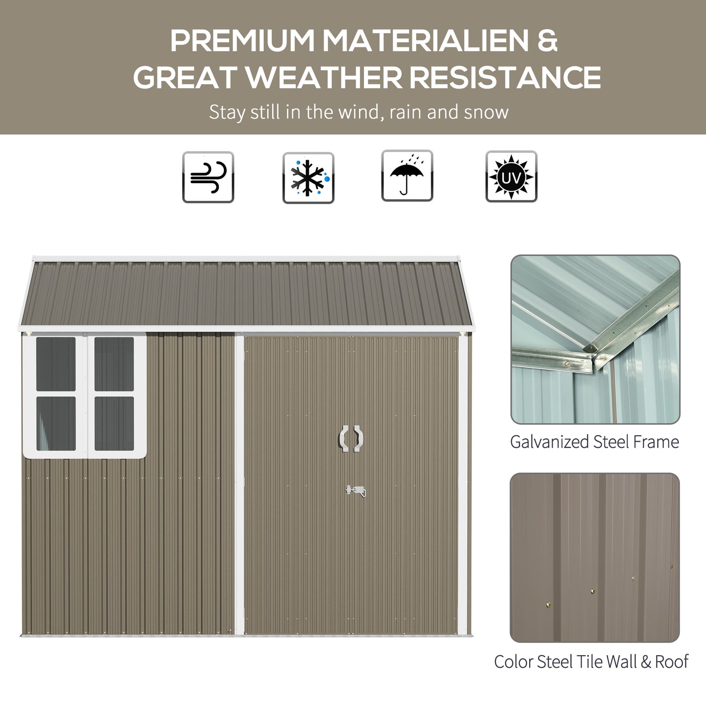 Outsunny 8 x 6 ft Galvanised Garden Shed, Outdoor Metal Storage Shed with Double Doors Window Air Vents for Patio, Lawn, Grey