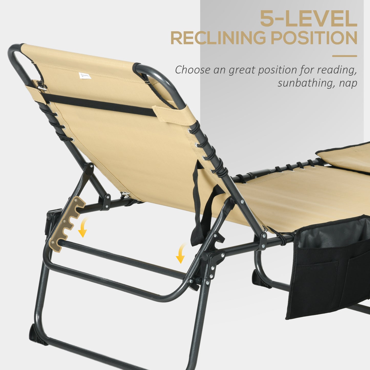 Outsunny Folding Sun Lounge With 5 Level Reclining Back, Tanning Chair With Reading Hole, Lounger with Side Pocket, Headrest - Beige