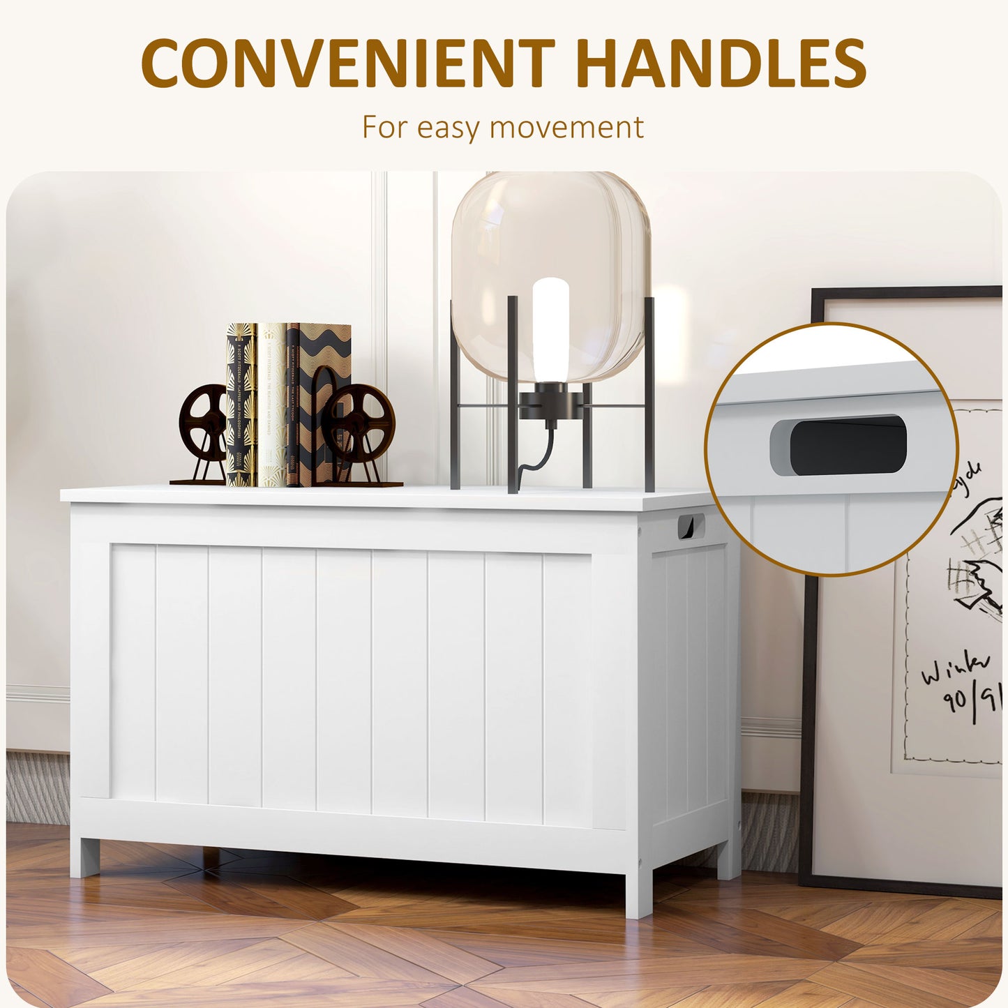 Storage Chest, Modern Storage Trunk with 2 Safety Hinges and Cut-out Handles, Wooden Toy Box for Living Room, Entryway, 76 x 40 x 48 cm, White