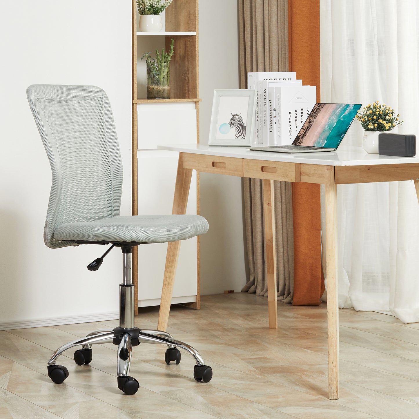 Armless Mesh Office Chair | 360° Swivel | Adjustable Height 46-56cm | Curved Mesh Back | Thick Sponge Seat | 120kg | Compact Space Saving | Grey