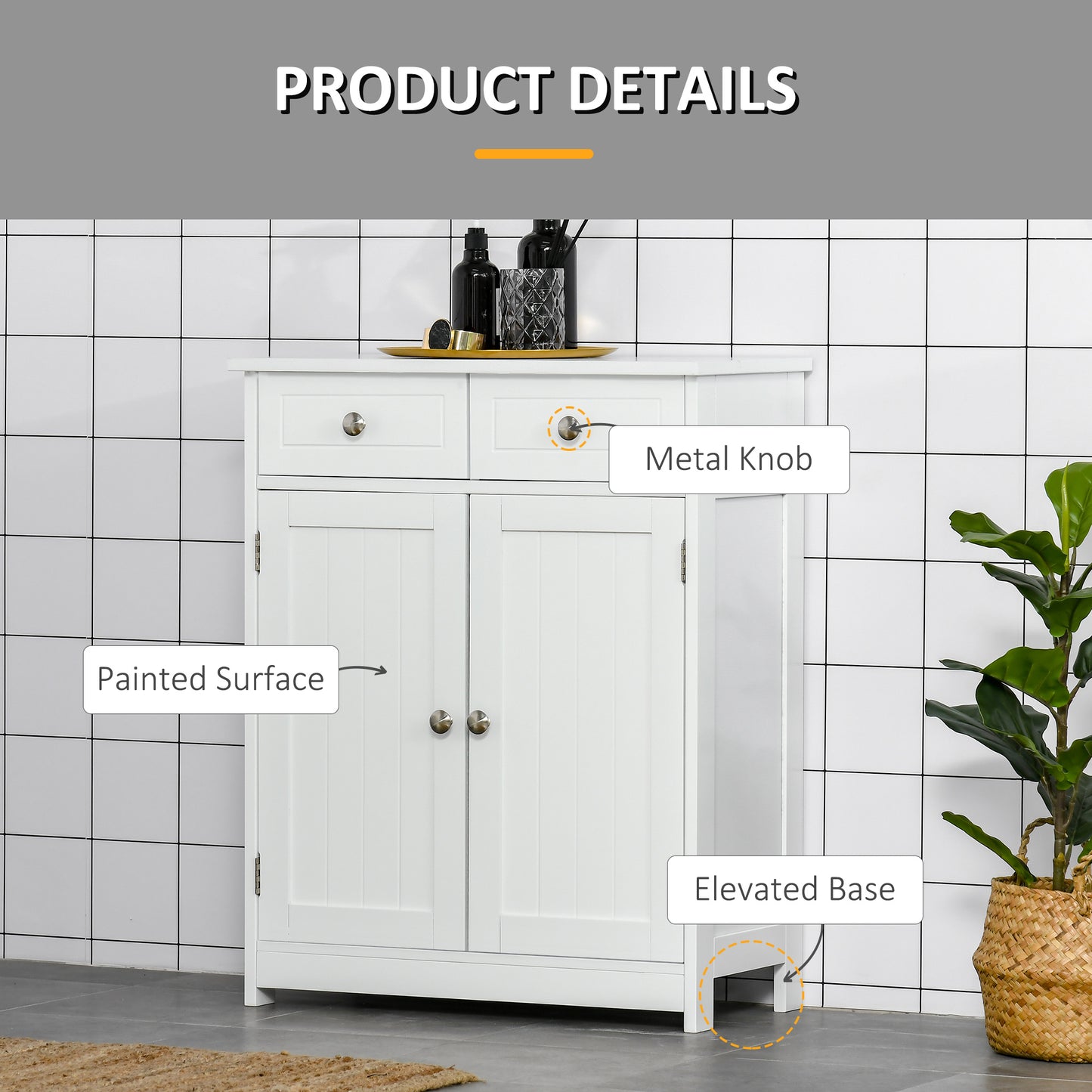 Kleankin Bathroom Storage Cabinet Free-Standing Bathroom Cabinet Unit w/ 2 Drawers Cupboard Adjustable Shelf Handles Traditional Style 75x60cm White