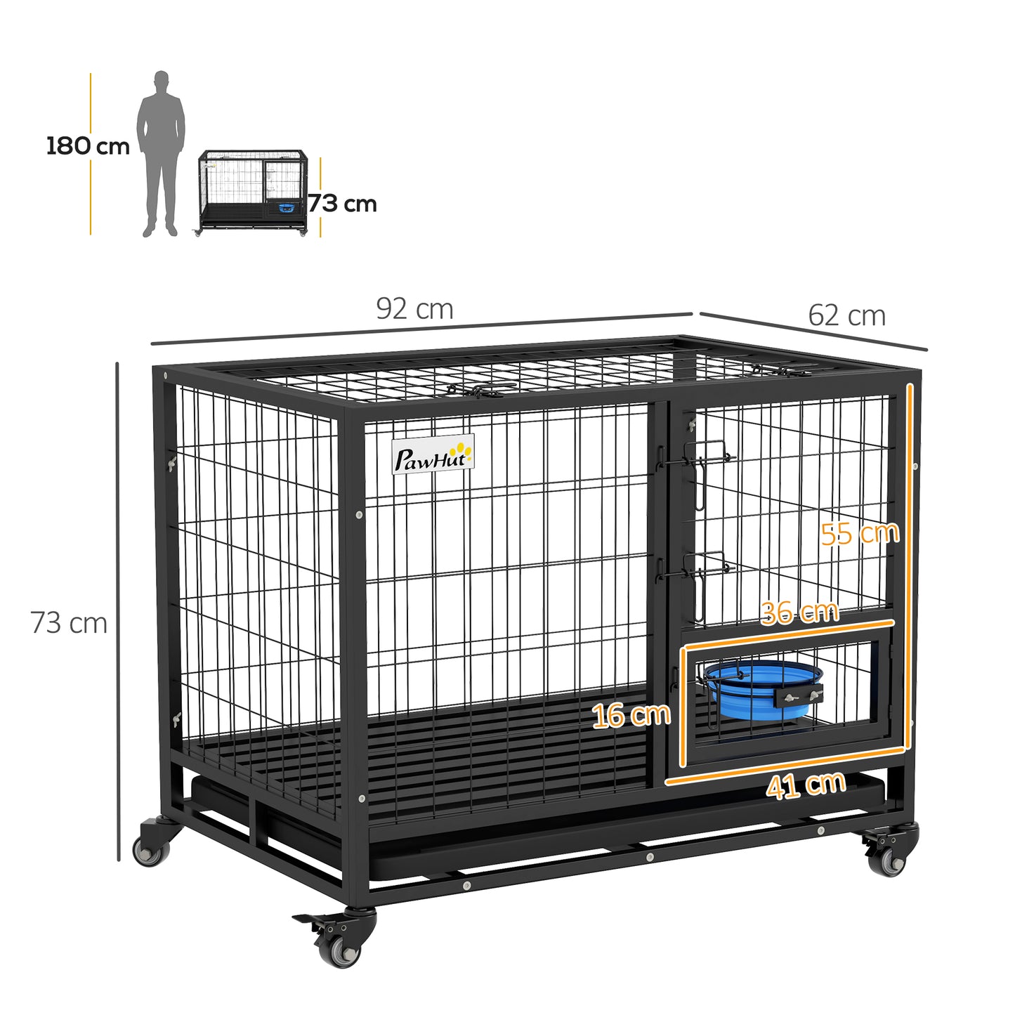 Dog Crate on Wheels | Double Doors | Bowl Holder & Foldable Bowl | Removable Tray | Detachable Top | Medium & Large Dogs up to 30kg | 92 x 62 x 73cm | Black