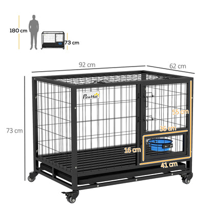 Dog Crate on Wheels | Double Doors | Bowl Holder & Foldable Bowl | Removable Tray | Detachable Top | Medium & Large Dogs up to 30kg | 92 x 62 x 73cm | Black