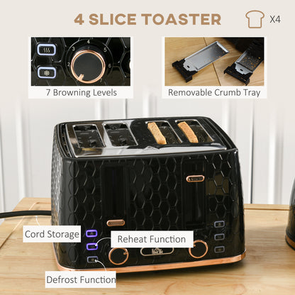 3000W 1.7L Fast Boil Kettle & 4 Slice Toaster Set, Kettle and Toaster Set with 7 Browning Controls, Crumb Tray, Black