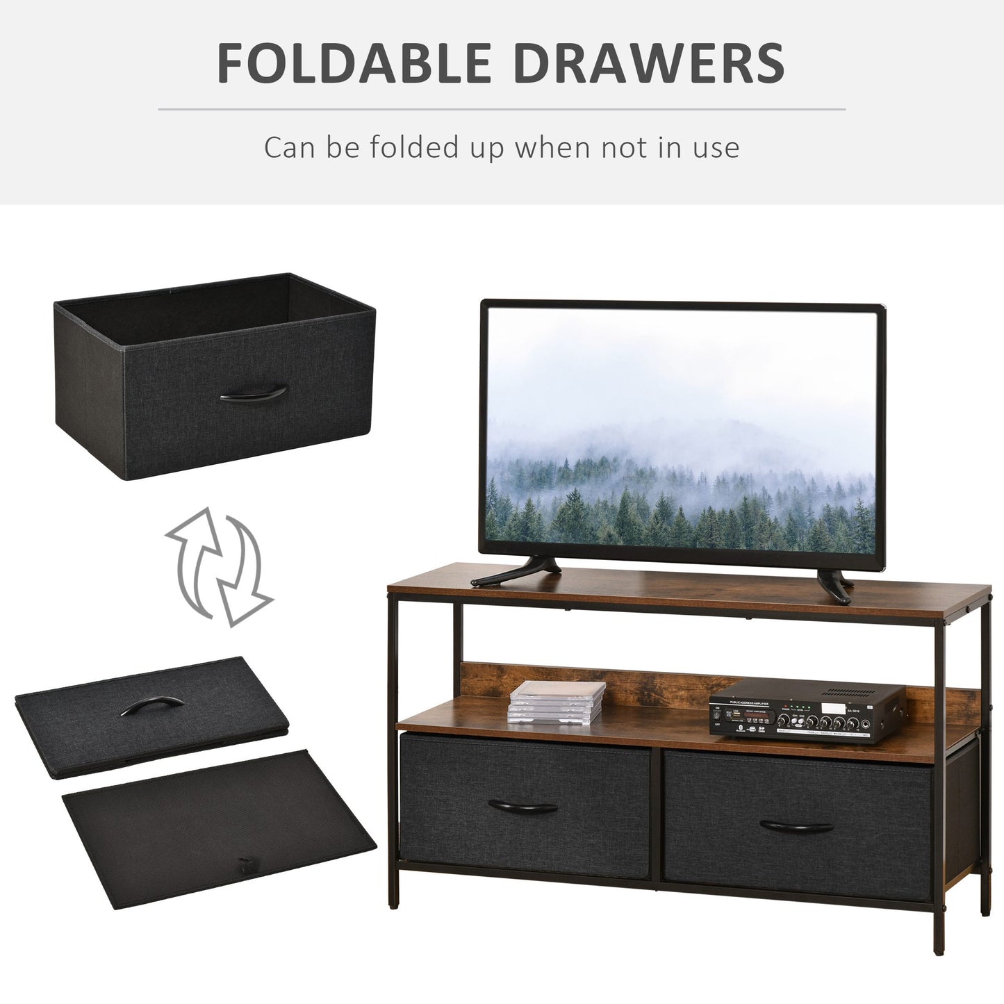 TV Cabinet Console Unit With 2 Foldable Linen Drawers, TV Stand With Shelving For Living Room, Entertainment Room, Rustic Brown