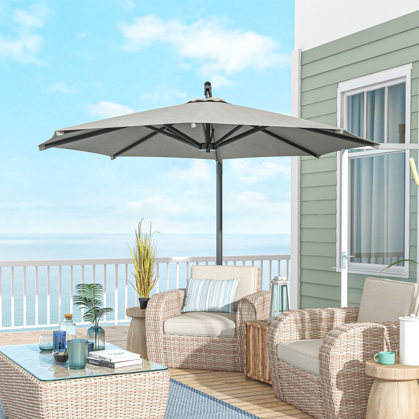 Outsunny 3 m Cantilever Banana Parasol with Cross Base, 360° Rotation Patio Umbrella with Crank Handle, Tilt, Beige