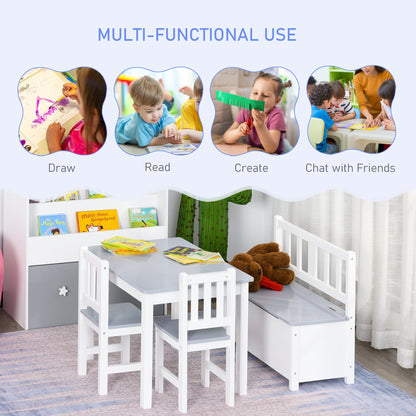 4-Piece Kids Table Set with 2 Wooden Chairs, 1 Storage Bench, and Interesting Modern Design, Grey/White
