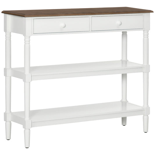 Modern Console Table with Storage Shelves and Drawers, Hallway Table Narrow Sofa Table with Pine Wood Legs for Living Room, Entryway, White