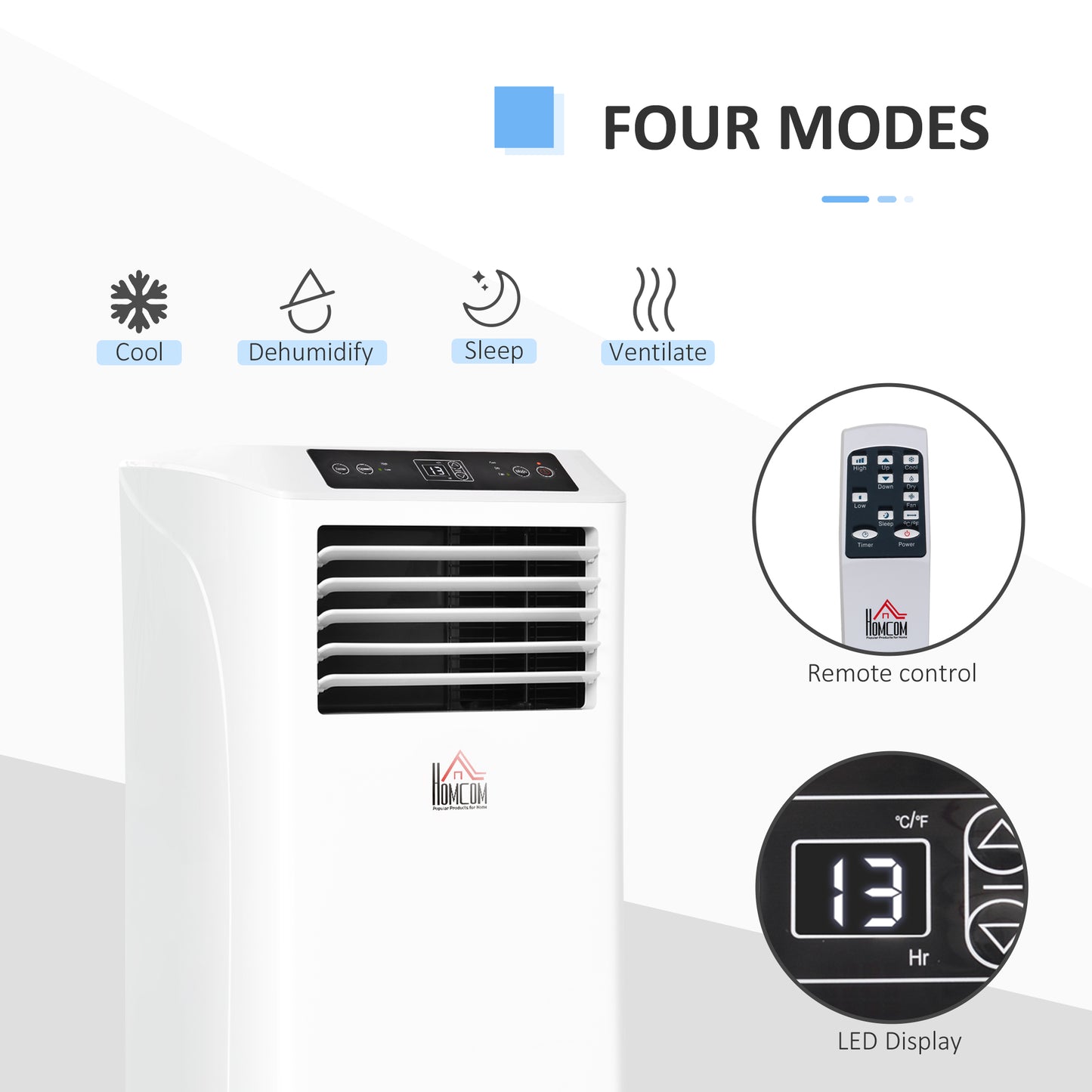 Mobile Air Conditioner with Remote Control, Timer, Cooling Dehumidifying Ventilating, LED Display White - 1080W