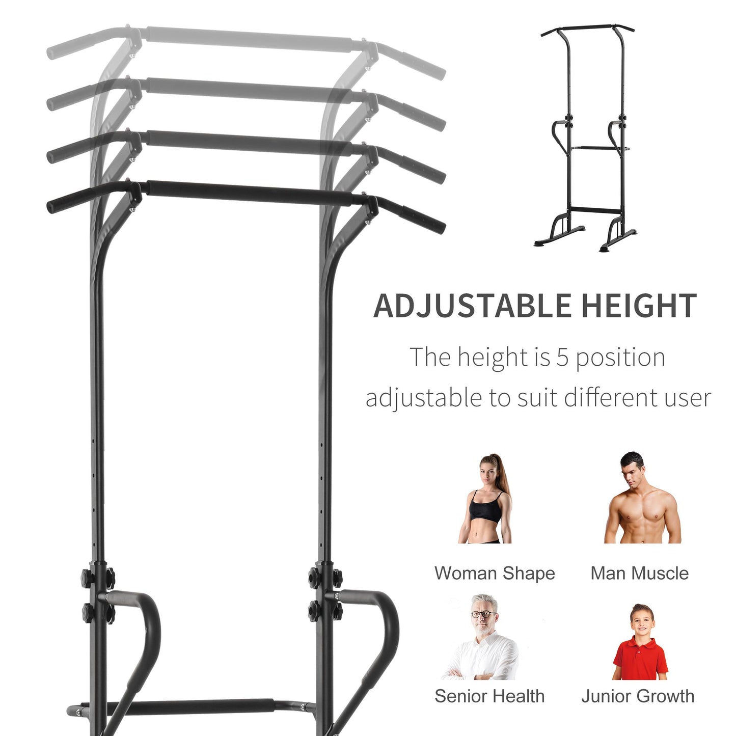 HOMCOM Pull Up Bar Multi-Function Height Adjustable Power Tower Dip Station Equipment