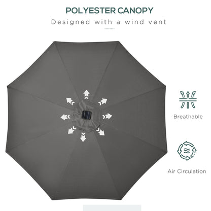 Outsunny Garden 24 LED Light Parasol Outdoor Tilt Sun Umbrella Patio Club Party Event Manual Sun Shade w/ Hand Crank Grey