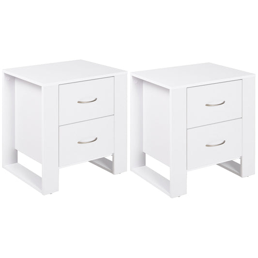 Bedside Table with 2 Drawers, Nightstand with Handles and Elevated Base, Side Table for Bedroom, Living Room, Set of 2, White