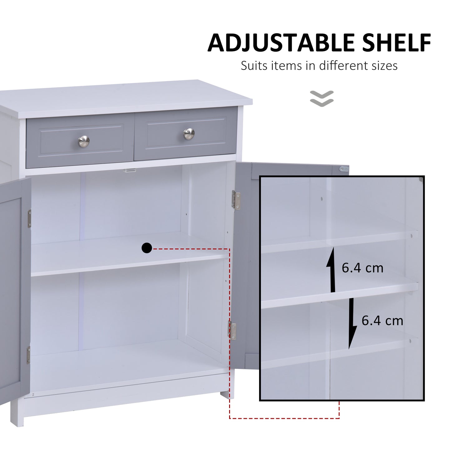 Kleankin Bathroom Storage Cabinet Free-Standing Bathroom Cabinet Unit w/ 2 Drawers Cupboard Adjustable Shelf Metal Handles 75x60cm - Grey and White