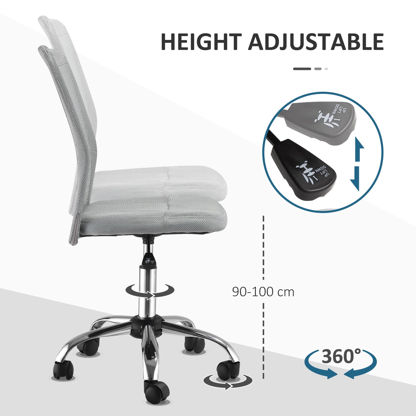 Armless Mesh Office Chair | 360° Swivel | Adjustable Height 46-56cm | Curved Mesh Back | Thick Sponge Seat | 120kg | Compact Space Saving | Grey