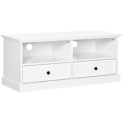 Modern TV Unit Cabinet for TVs up to 45 Inches, TV Stand with Drawers, Open Shelves, Cable Holes for Living Room, White