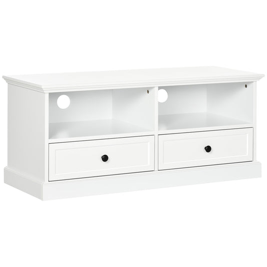 Modern TV Unit Cabinet for TVs up to 45 Inches, TV Stand with Drawers, Open Shelves, Cable Holes for Living Room, White