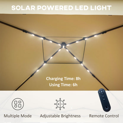 Outsunny 3 x 3(m) Pop Up Gazebo Party Tent with Solar-Powered LED Lights, Adjustable Event Shelter with Curtain, Netting, Khaki