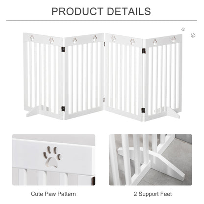 PawHut Pet Gate 4 Panel Wooden Foldable Fence Freestanding Dog Safety Barrier with 2 Support Feet for Doorways Stairs 80'' x 30'' White