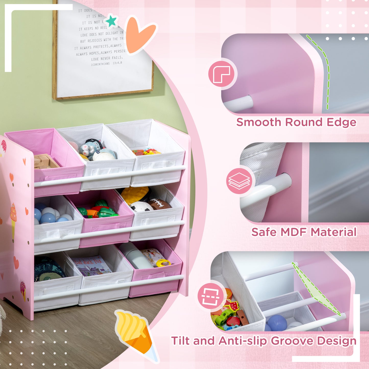 ZONEKIZ Kids Storage Unit with 9 Removable Storage Baskets, Toy Box Organiser with Shelf, Book Shelf for Nursery Playroom, Pink