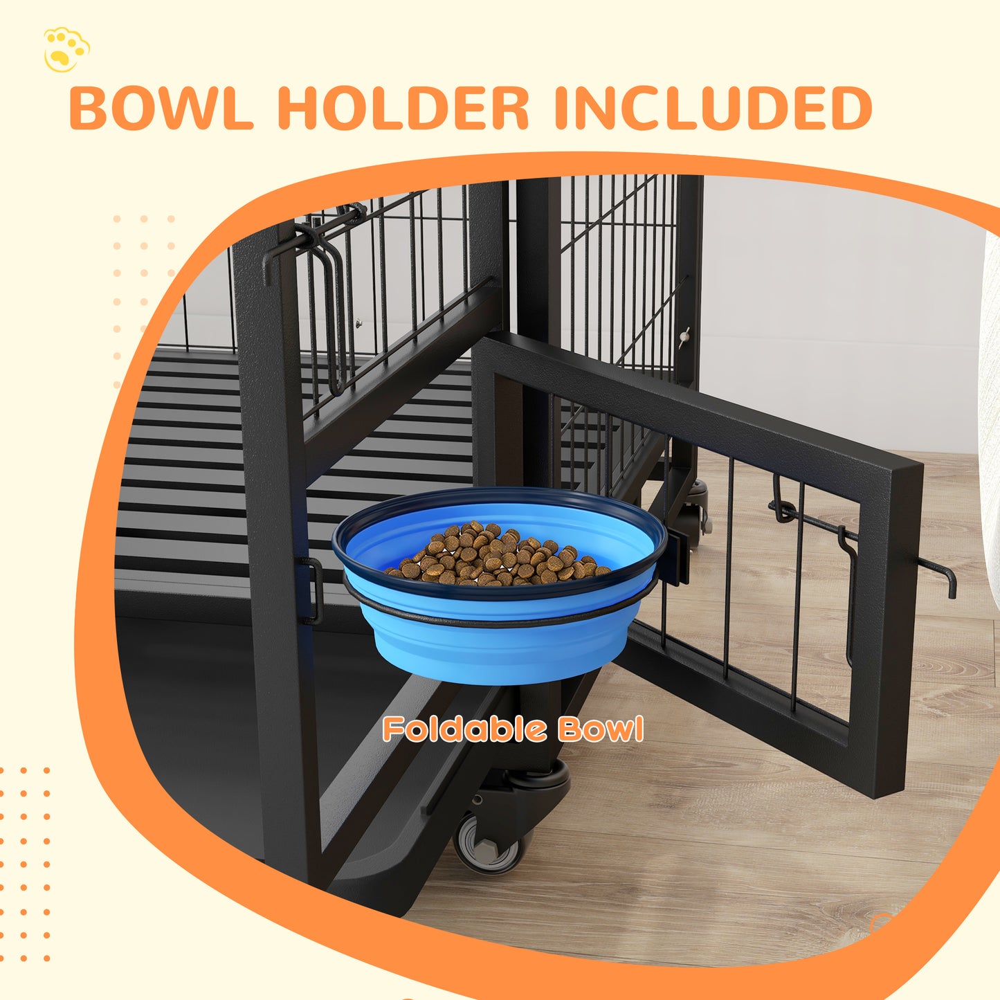 Dog Crate on Wheels | Double Doors | Bowl Holder & Foldable Bowl | Removable Tray | Detachable Top | Medium & Large Dogs up to 30kg | 92 x 62 x 73cm | Black