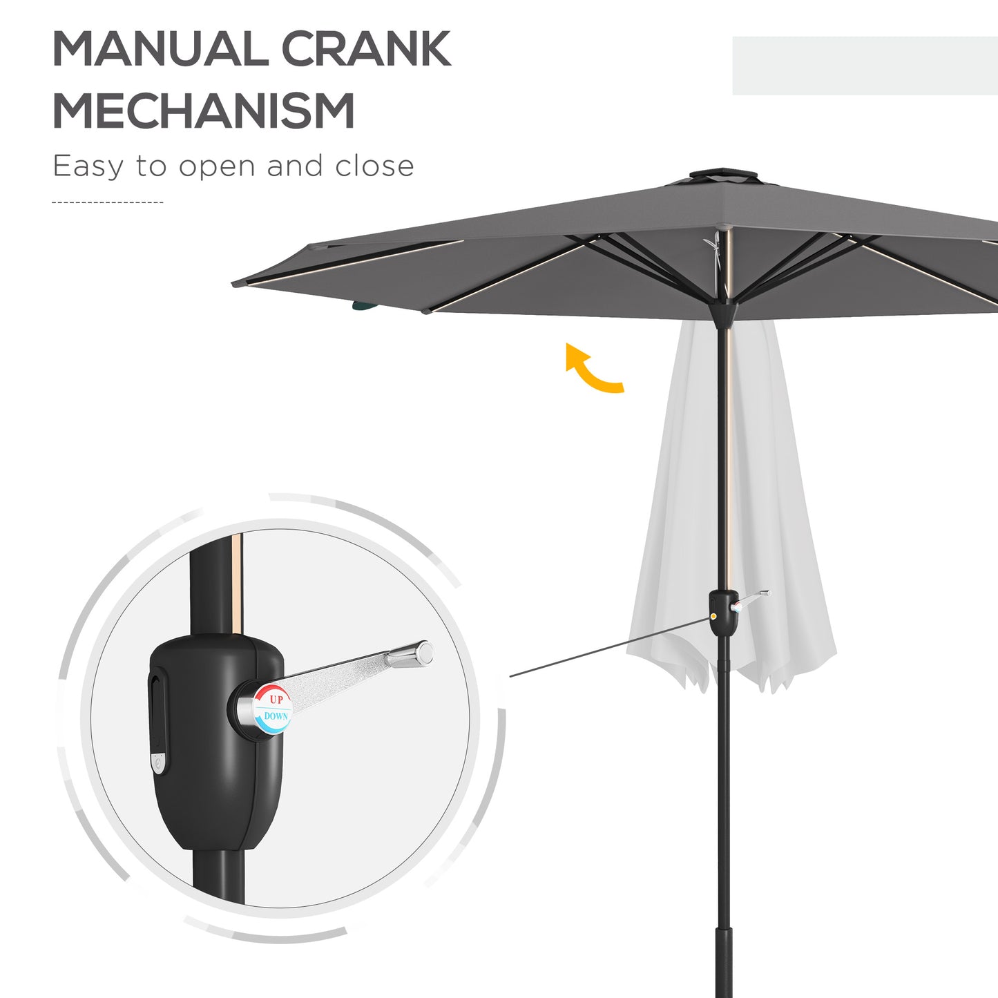 Outsunny Garden Parasol with LED Lights, Solar Charged Patio Umbrella with Crank Handle, for Outdoor, Charcoal Grey