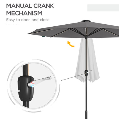 Outsunny Garden Parasol with LED Lights, Solar Charged Patio Umbrella with Crank Handle, for Outdoor, Charcoal Grey