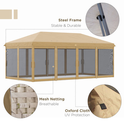 Outsunny 6 x 3(m) Pop Up Gazebo, Outdoor Canopy Shelter, Marquee Party Wedding Tent with 6 Mesh Walls and Carry Bag, Beige
