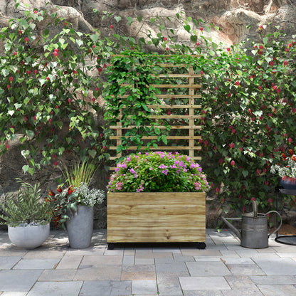 Outsunny Wooden Garden Raised Bed with Trellis, Planter Box with 4 Wheels for Climbing Plants, 76x30x155cm, Natural